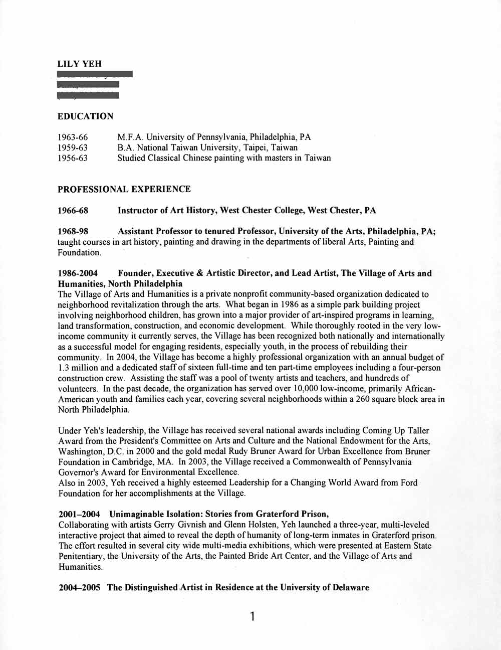 Lily Yeh's Resume, pg 1